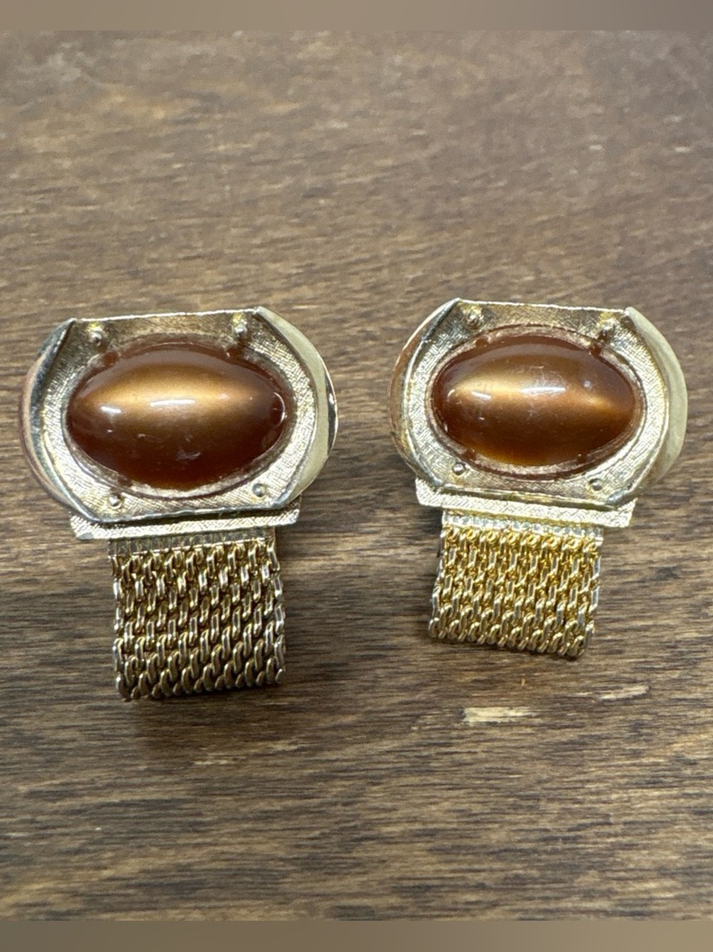 Swank Vintage Gold-Tone Brown Cabochon Mesh Cuff Links